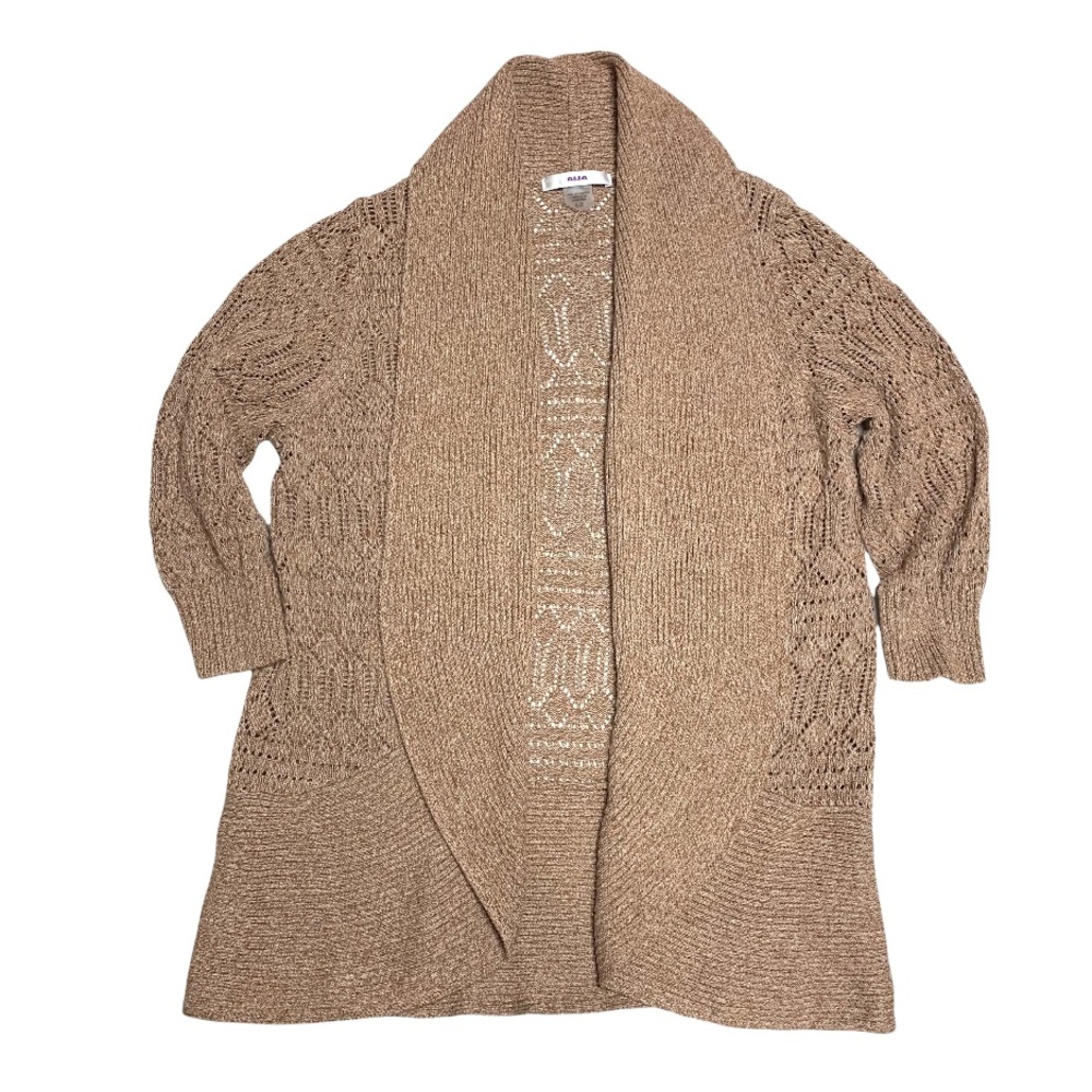 Tan Knit Cardigan Women’s Large Brown Drape Front Waterfall Sweater Soft Cozy